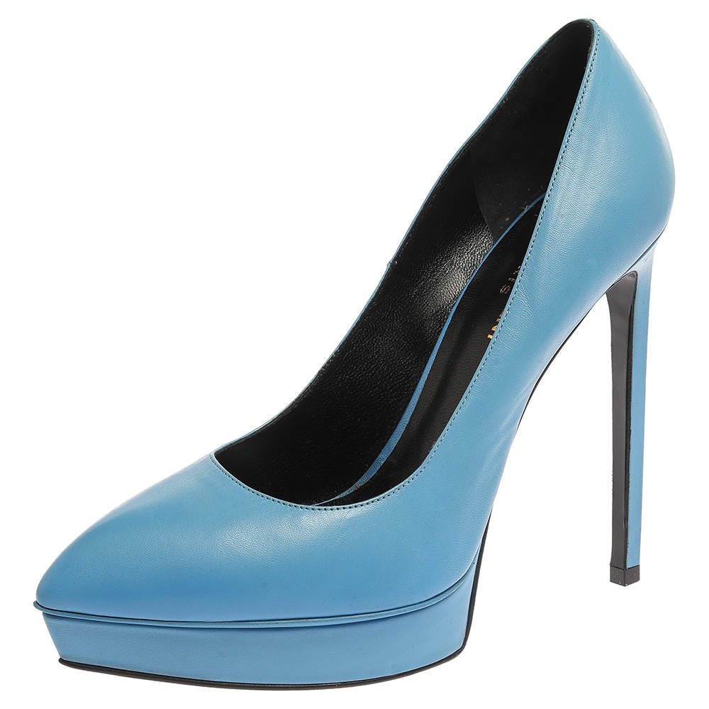 مملوكة مسبقًا Saint Laurent Paris Blue Leather Pointed Toe Platform Pumps Size 38.5