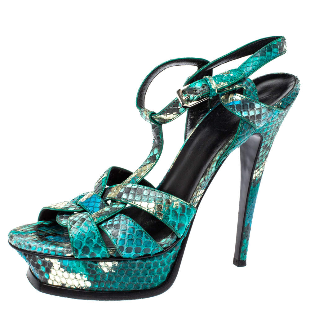 Pre Owned Saint Laurent Paris Green Snakeskin Tribute Platform Sandals Size 38