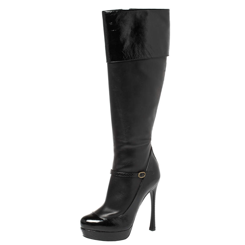 Pre Owned Saint Laurent Black Python, Patent And Leather Knee Length Boots Size 37