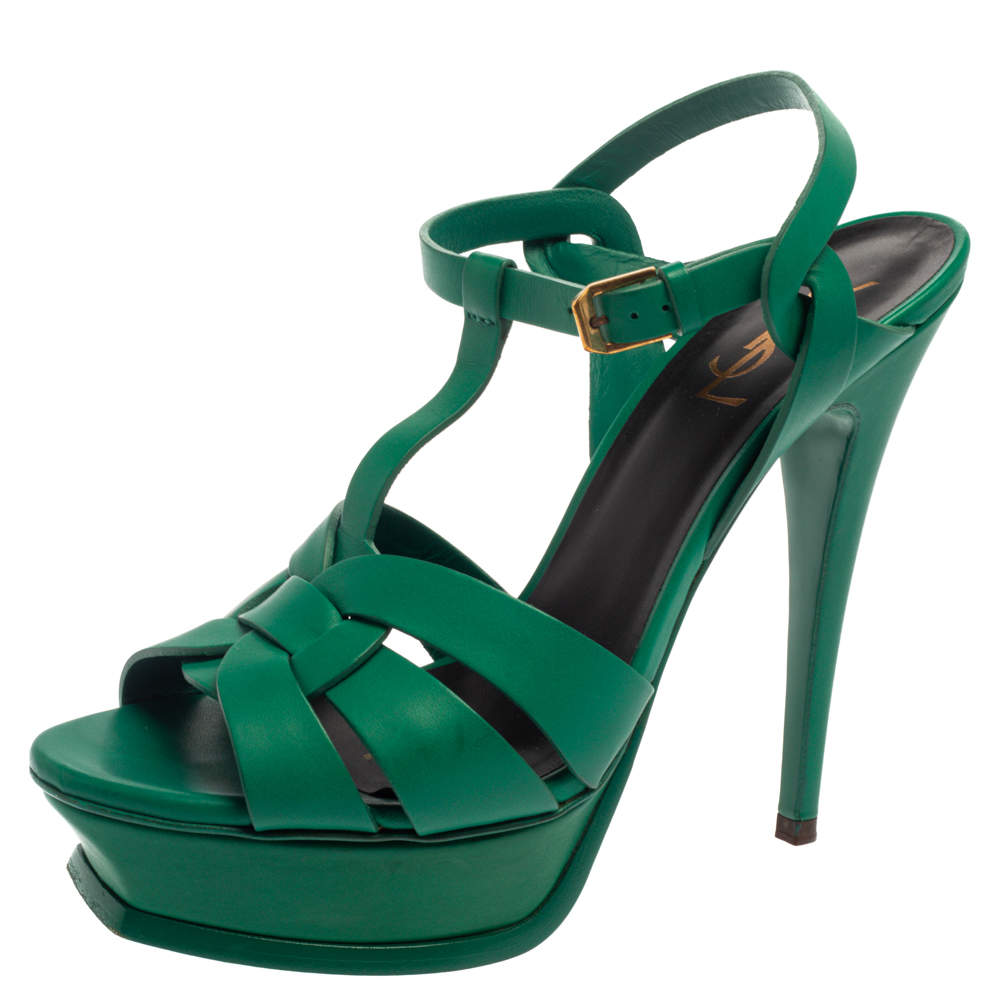 مملوكة مسبقًا Saint Laurent Green Leather Tribute Platform Sandals Size 39.5