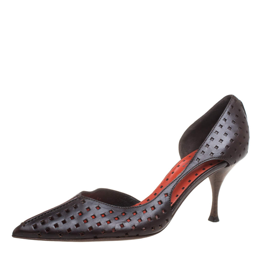 Pre Owned Saint Laurent Brown Perforated Leather D'orsay Pumps Size 38