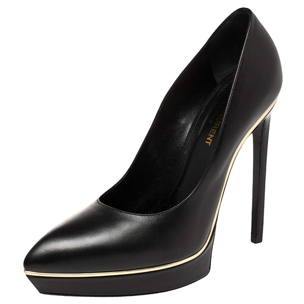 مملوكة مسبقًا Saint Laurent Black Leather Janis Pointed Toe Platform Pumps Size 38.5