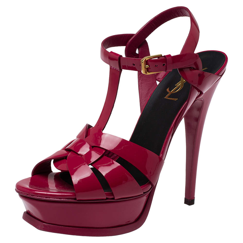 Saint Laurent Pink Patent Leather Tribute Platform Sandals Size 37.5
