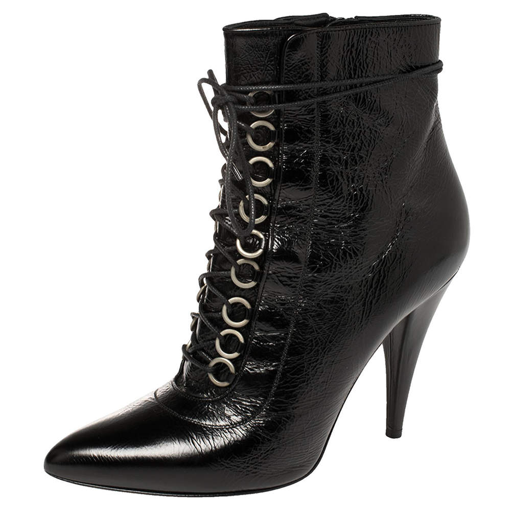 مملوكة مسبقًا Saint Laurent Black Leather Lace Up Pointed Toe Ankle Booties Size 39