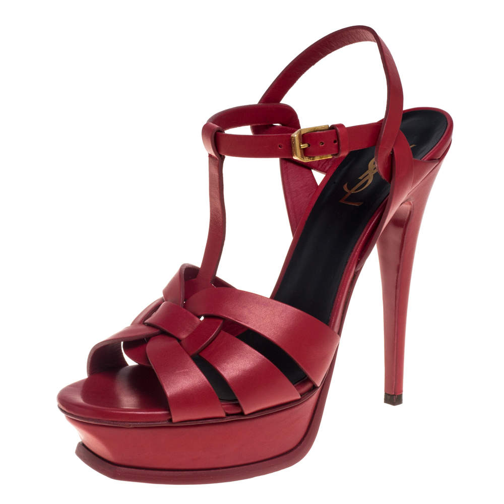Saint Laurent Red Leather Tribute Platform Ankle Strap Sandals Size 40