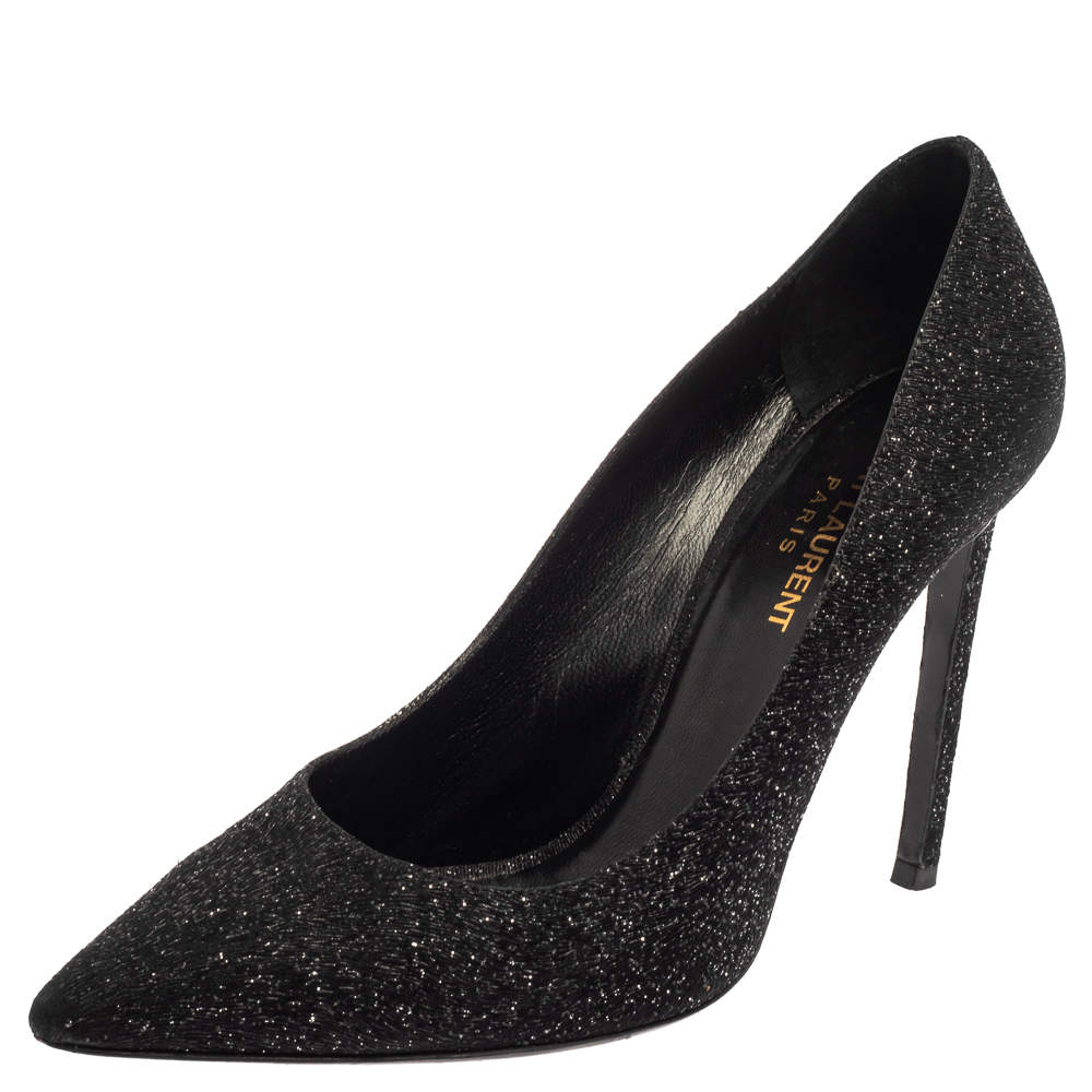 مملوكة مسبقًا Saint Laurent Black  Glitter And Suede Pointed Toe  Pumps Size 39.5