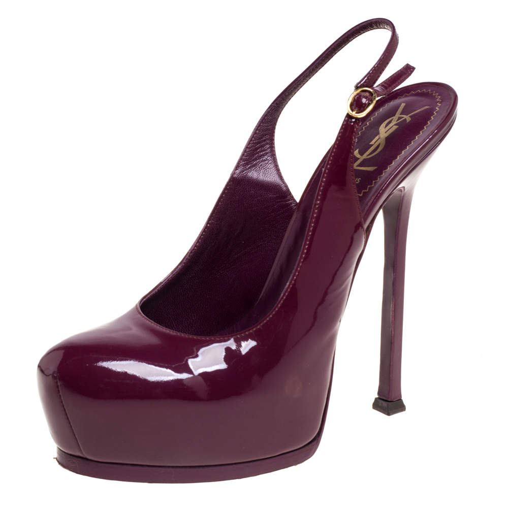مملوكة مسبقًا Saint Laurent Burgundy Patent Leather Round Toe Slingback Pumps Size 39
