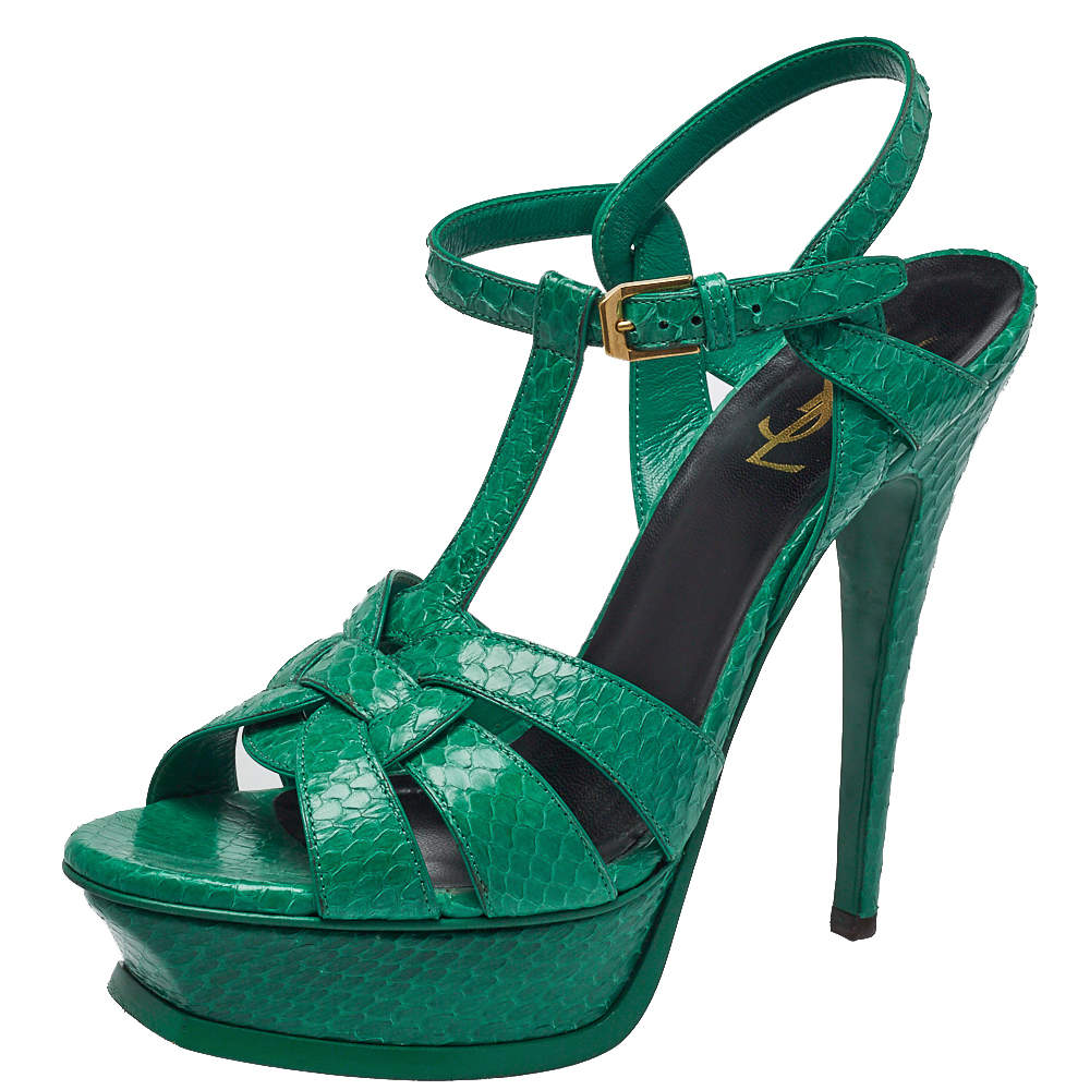 Pre Owned Saint Laurent Green Python Leather Tribute Sandals Size 38