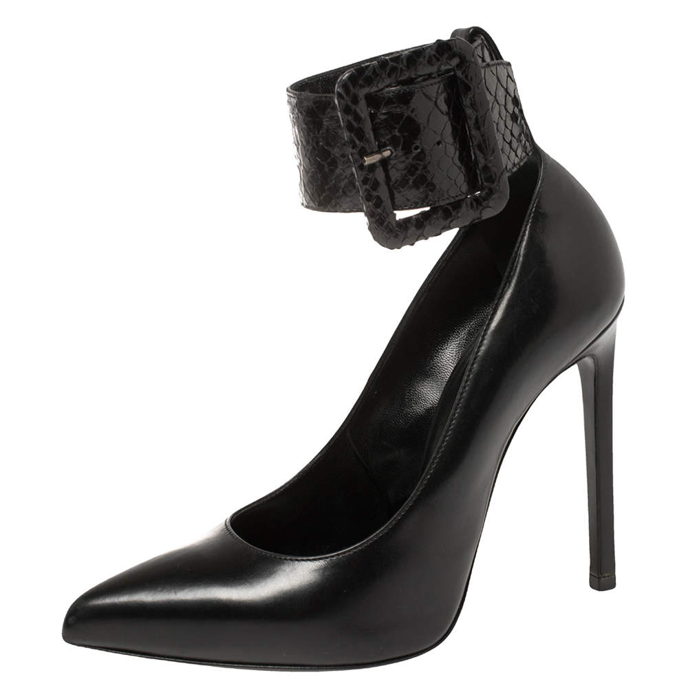 Pre Owned Saint Laurent Black Leather And Python Ankle Cuff Pointed Toe Pumps Size 36