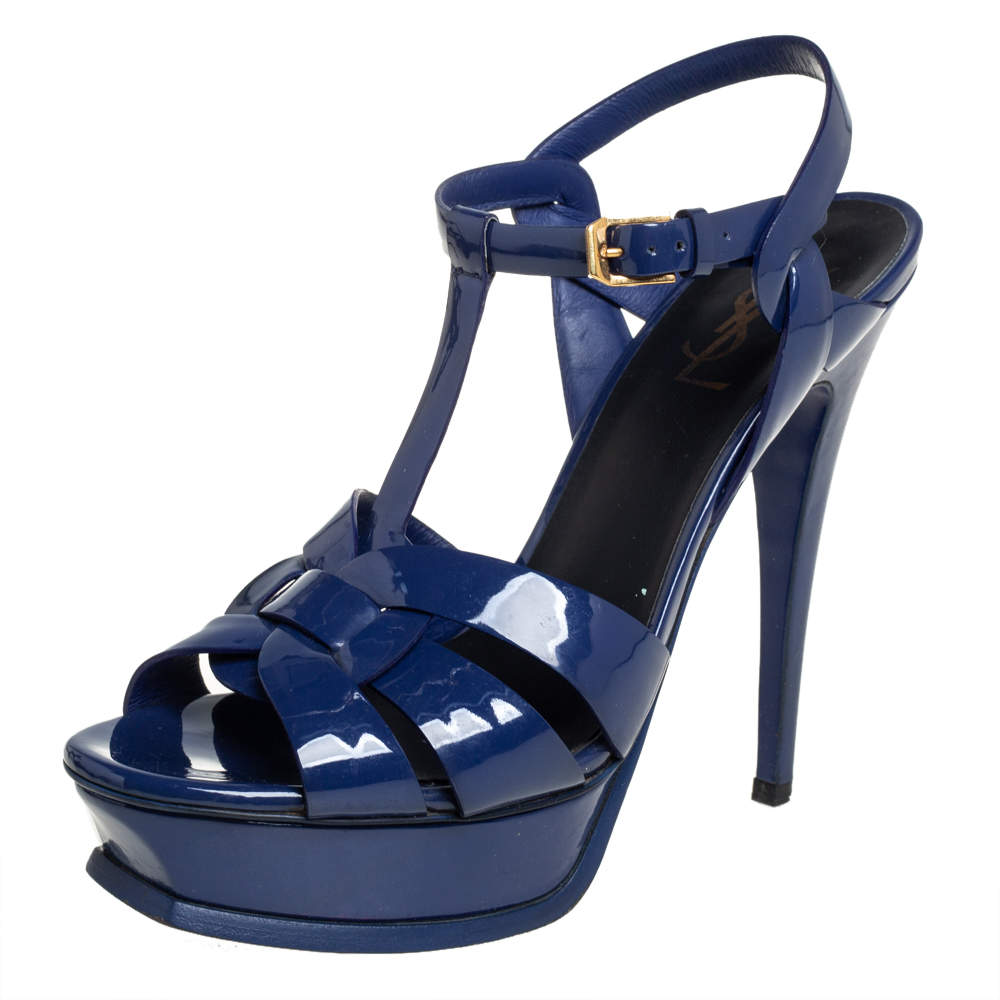 Saint Laurent Blue Patent Leather Tribute  Ankle Strap Sandals Size 39.5