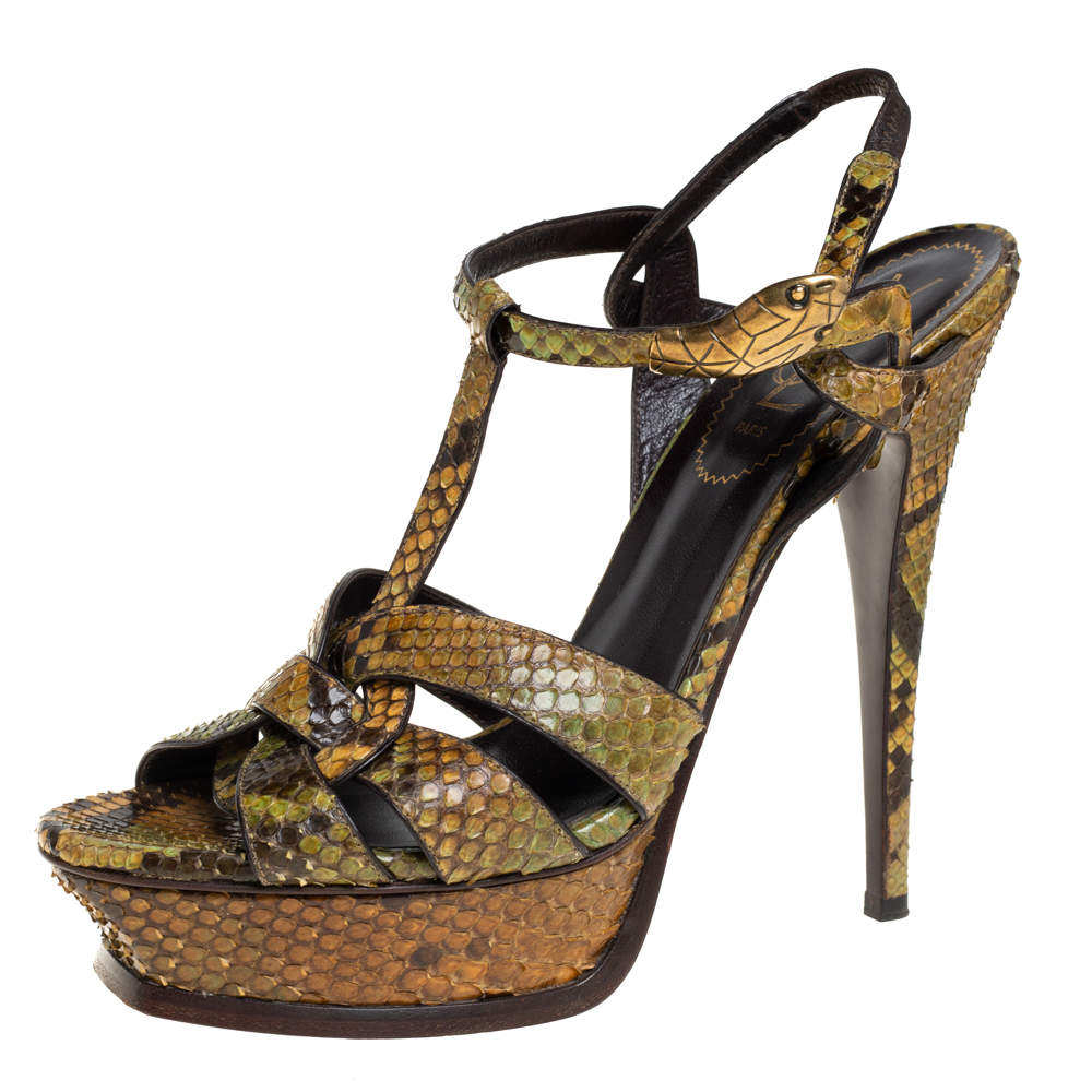 Pre Owned Saint Laurent Multicolor Snakeskin Leather Tribute Sandals Size 39