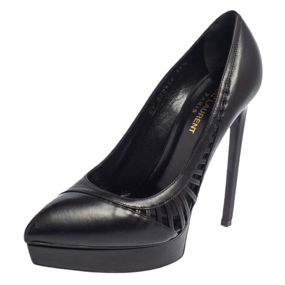 حذاء كعب عالي سان لوران مقدمة مدببة نعل سميك قصة جانيس جلد أسود مقاس 38.5