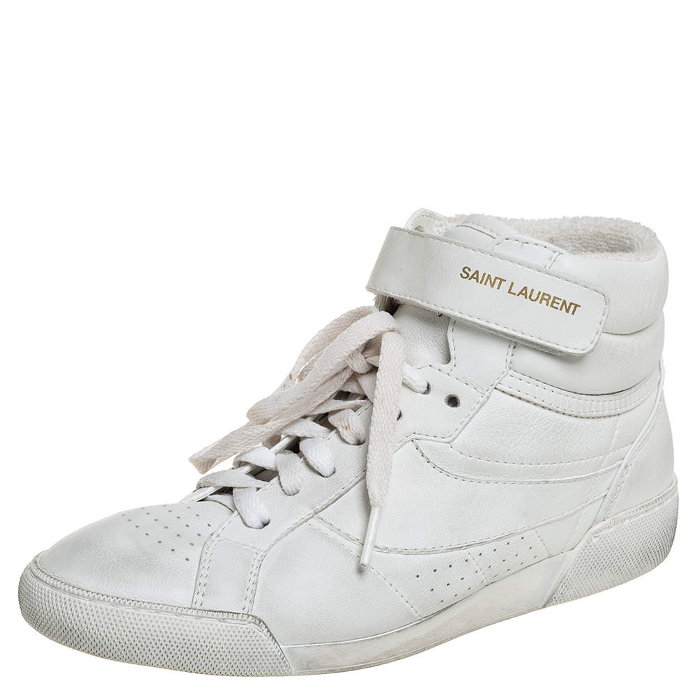 Saint Laurent White Leather High Top Sneakers Size 36