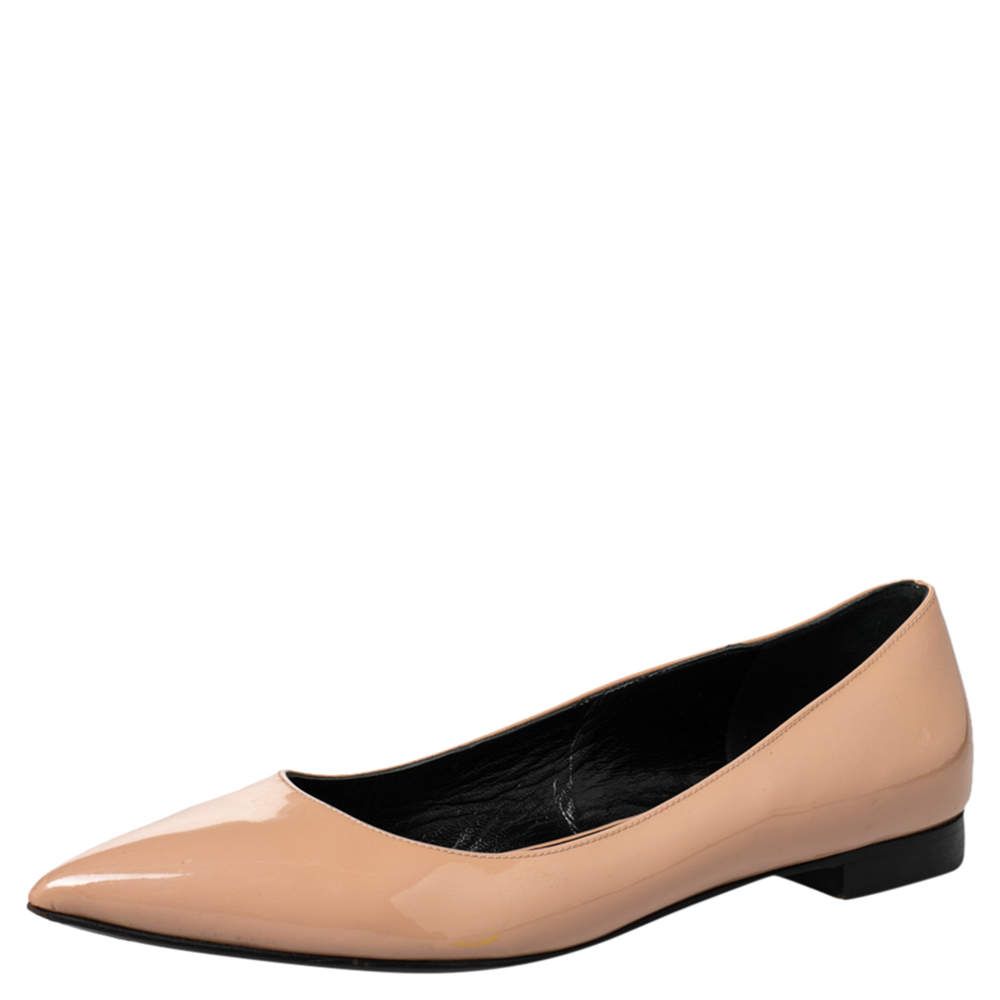 Pre Owned Saint Laurent Beige Patent Leather Pointed Toe Ballet Flats Size 38