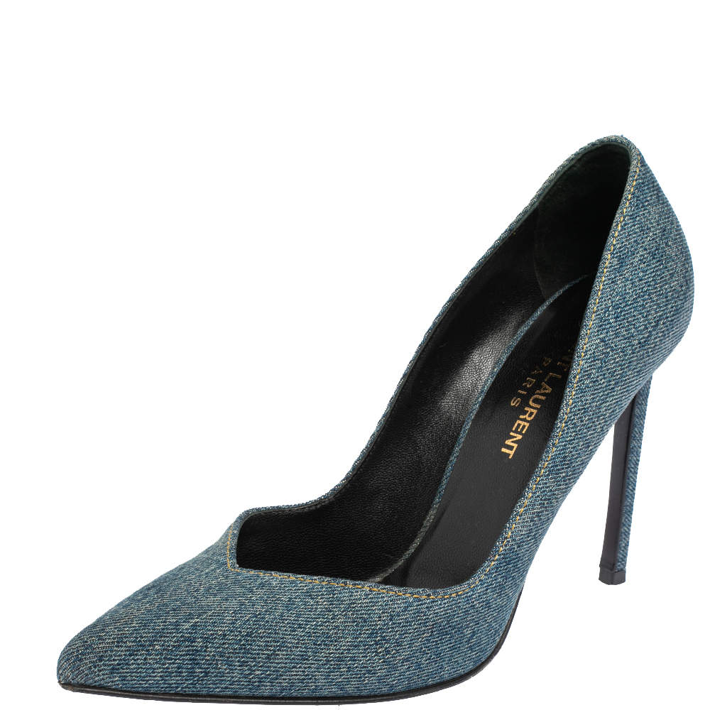 مملوكة مسبقًا Saint Laurent Blue Denim Escarpin V Pointed Toe Pumps Size 36.5