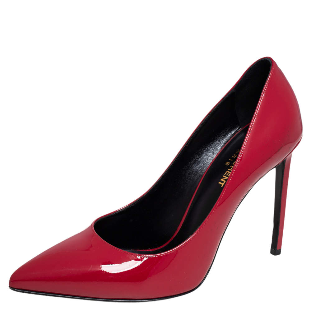 Pre Owned Saint Laurent Red Patent Leather Skinny Pointed Toe Pumps Size 38