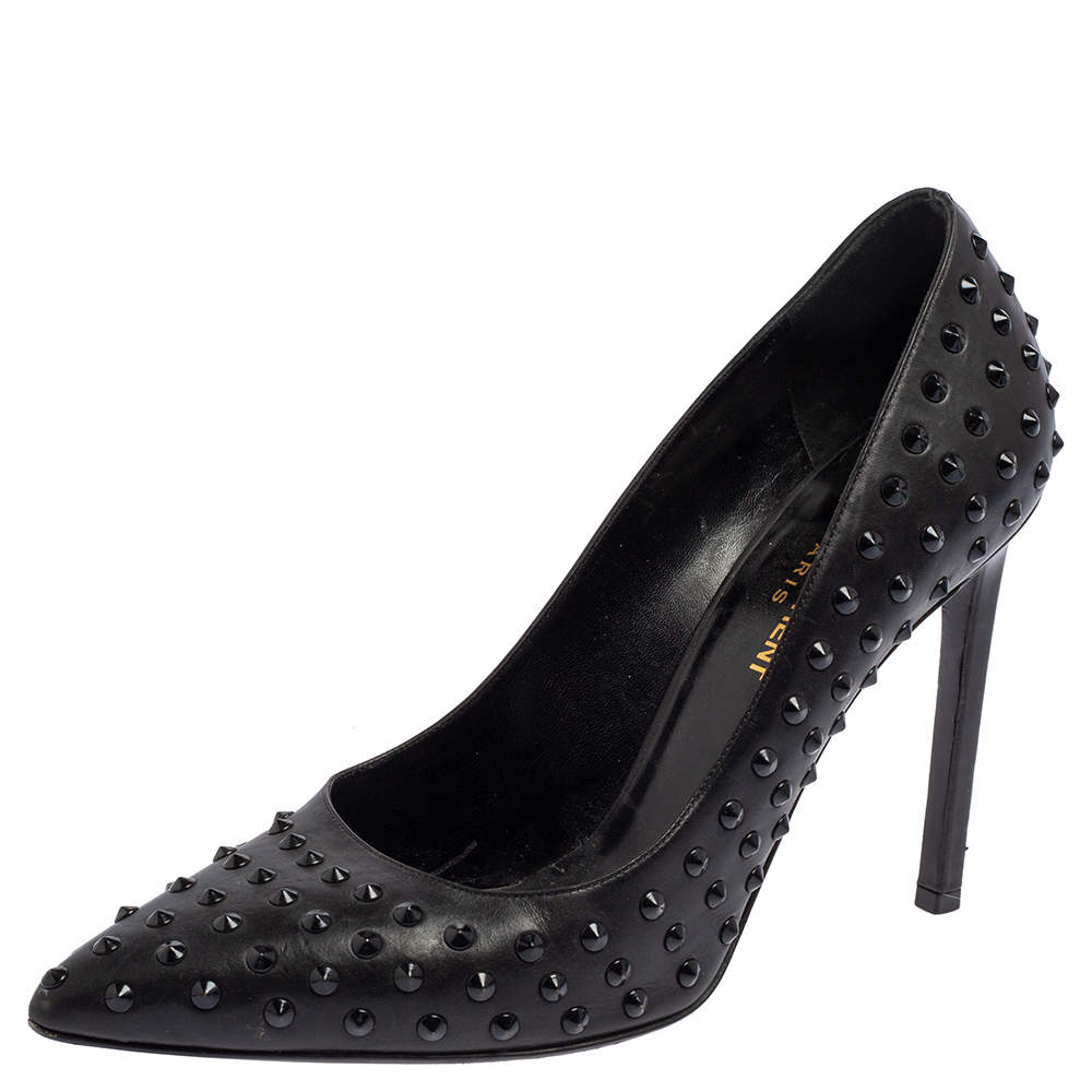 Saint Laurent Black Leather Spiked Pointed Toe Pumps Size 38