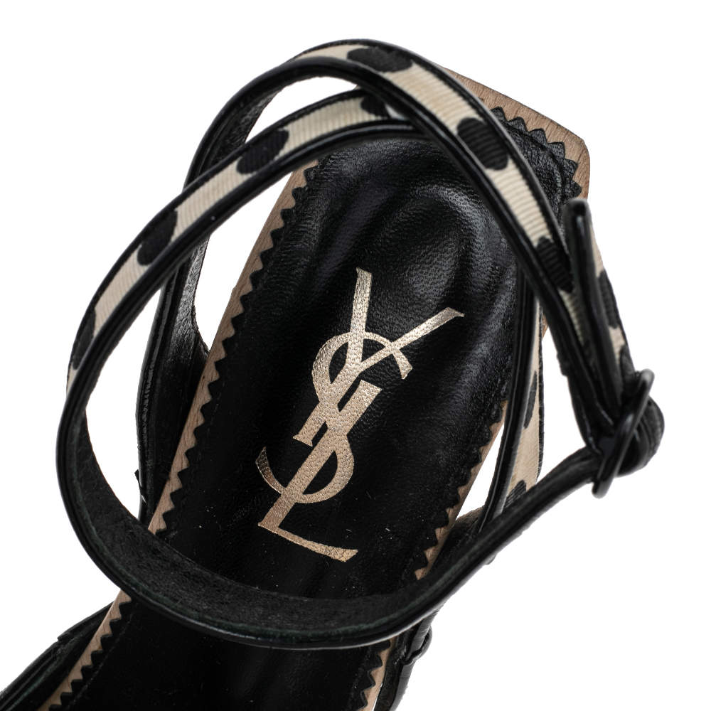Pre Owned Saint Laurent Cream/Black Polka Dot Fabric And Patent Leather Slingback Sandals Size 38