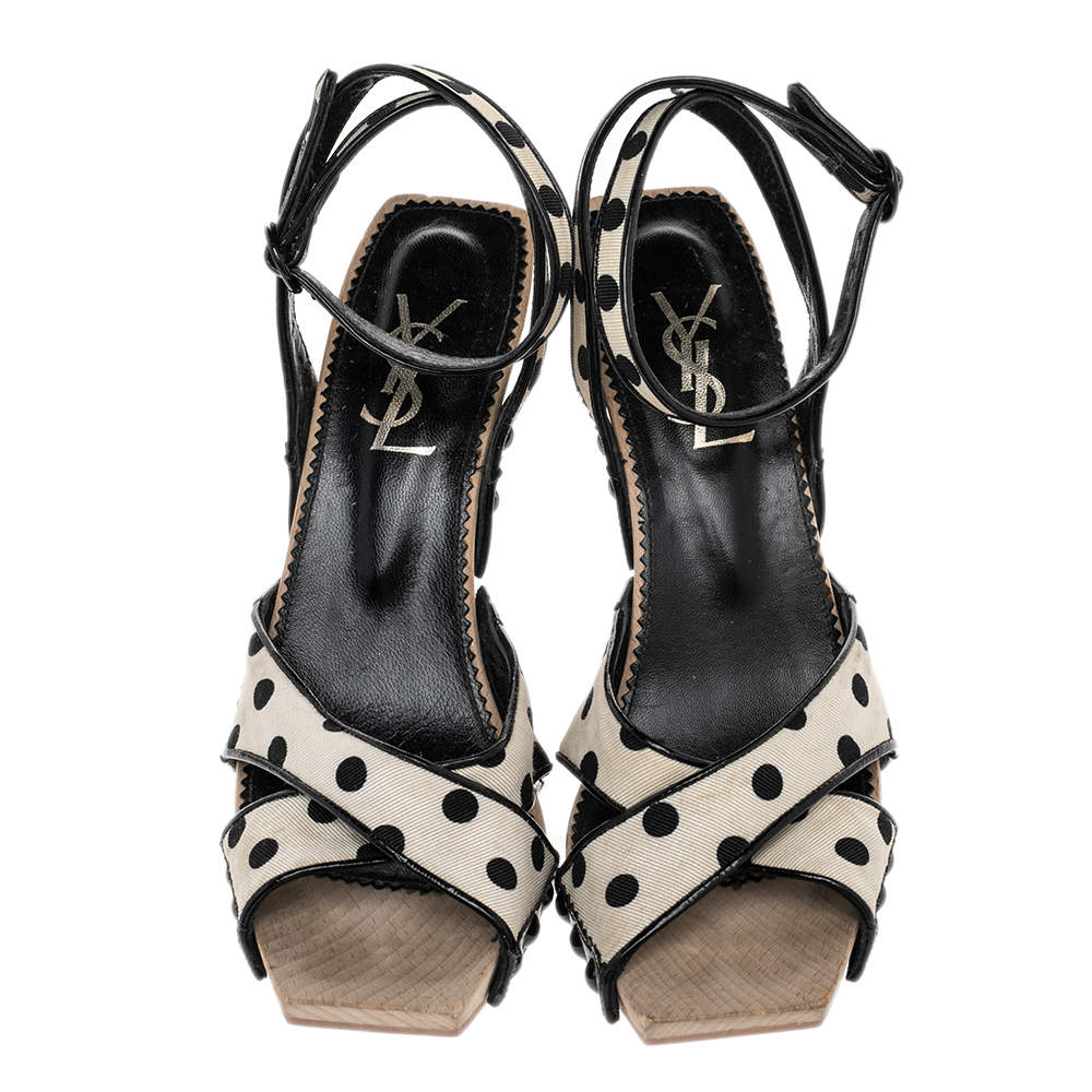 Pre Owned Saint Laurent Cream/Black Polka Dot Fabric And Patent Leather Slingback Sandals Size 38