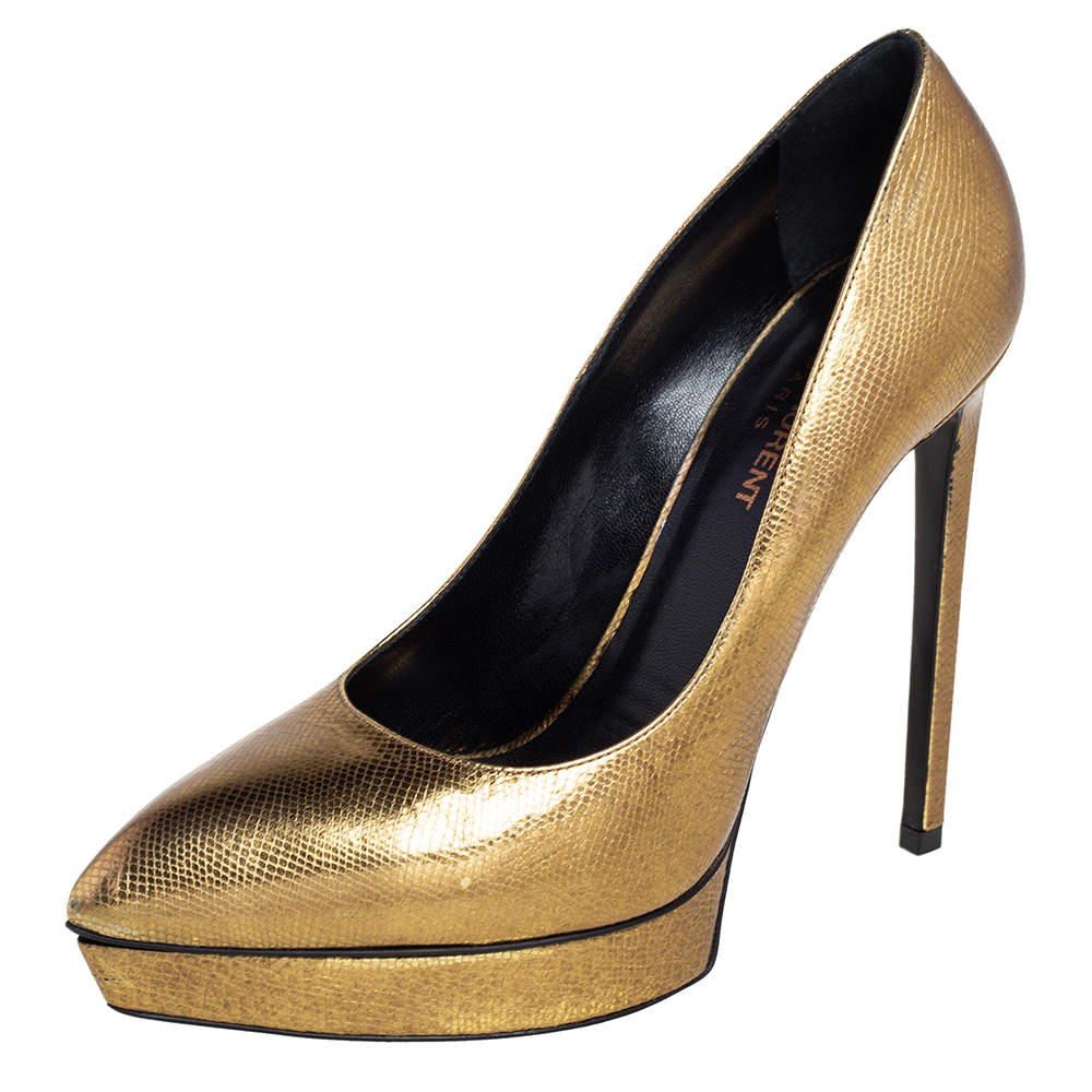 Pre Owned Saint Laurent Gold Leather Janis Platform Pointed Toe Pumps Size 39