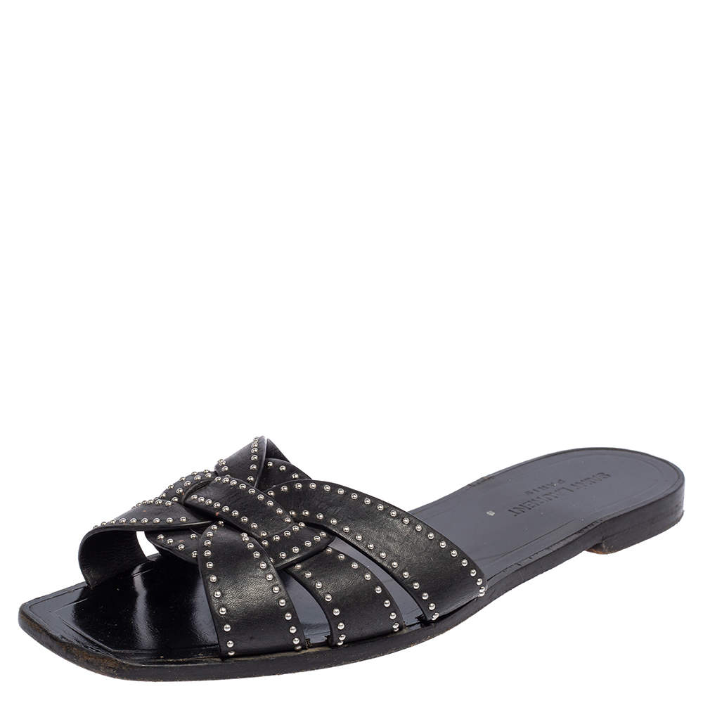 Pre Owned صندل سلايد فلات سان لوران تريبوت جلد أسود مقاس 40