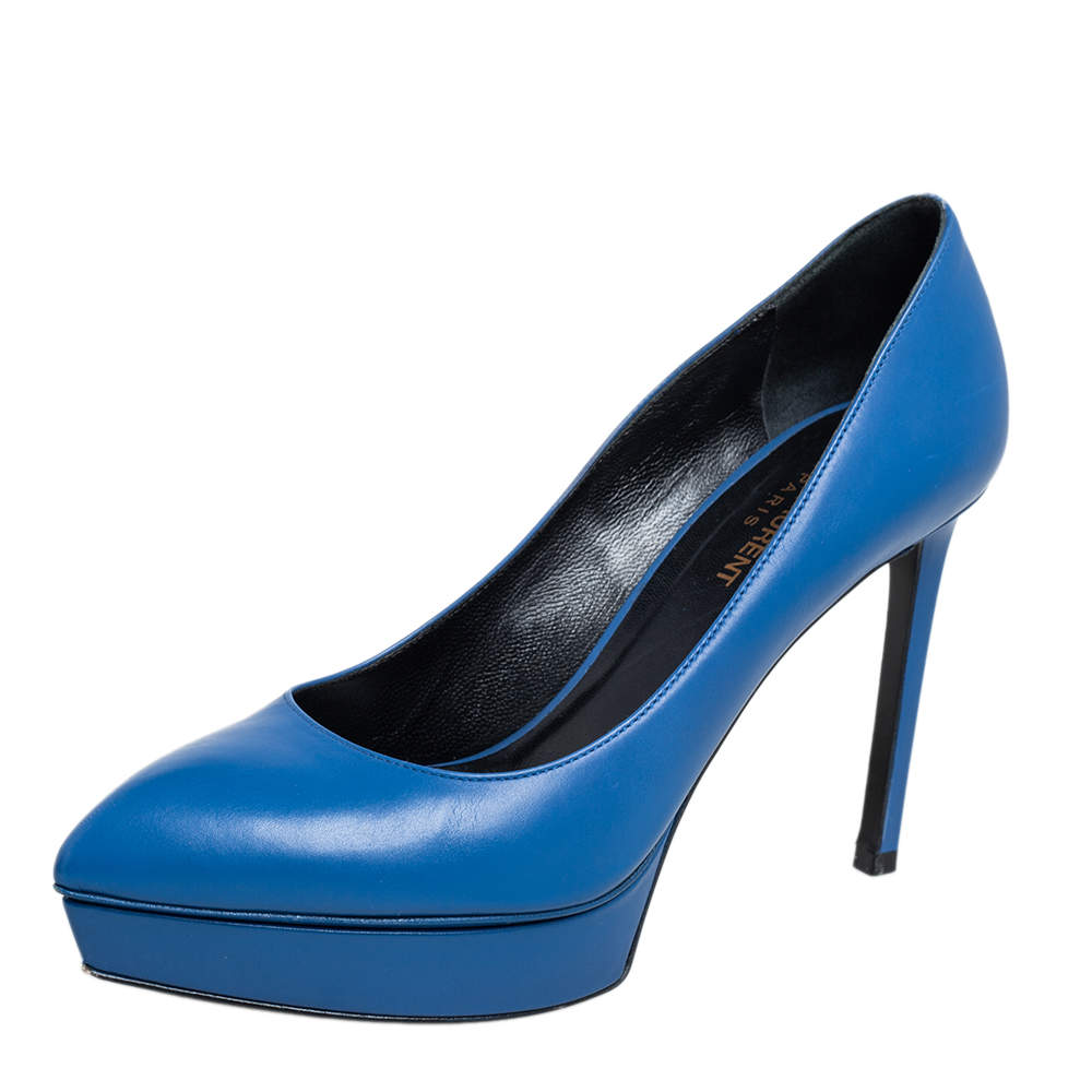 حذاء كعب عالي سان لوران جانيس جلد أزرق مقدمة مدببة مقاس 37.5