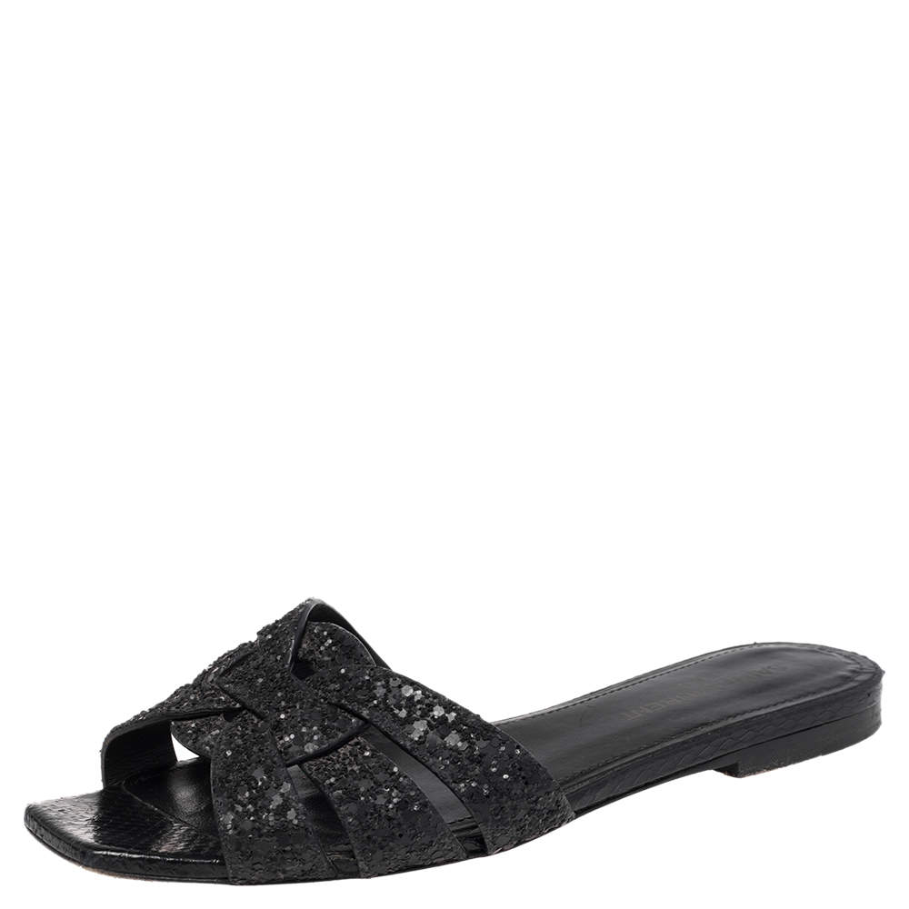 Pre Owned Saint Laurent Black Glitter and Ayers Tribute Flat Slides Size 35