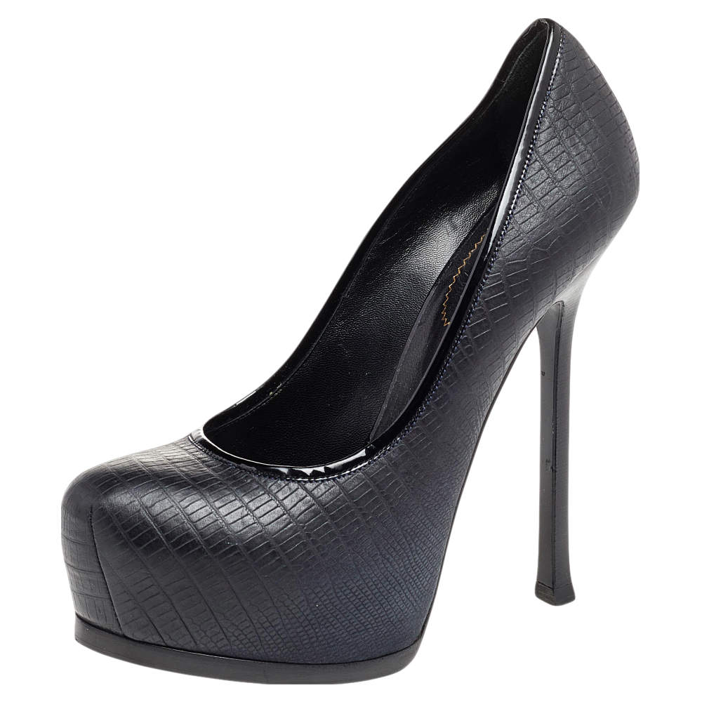 Pre Owned حذاء كعب عالي سان لوران تريبوت جلد أسود مقاس 36.5