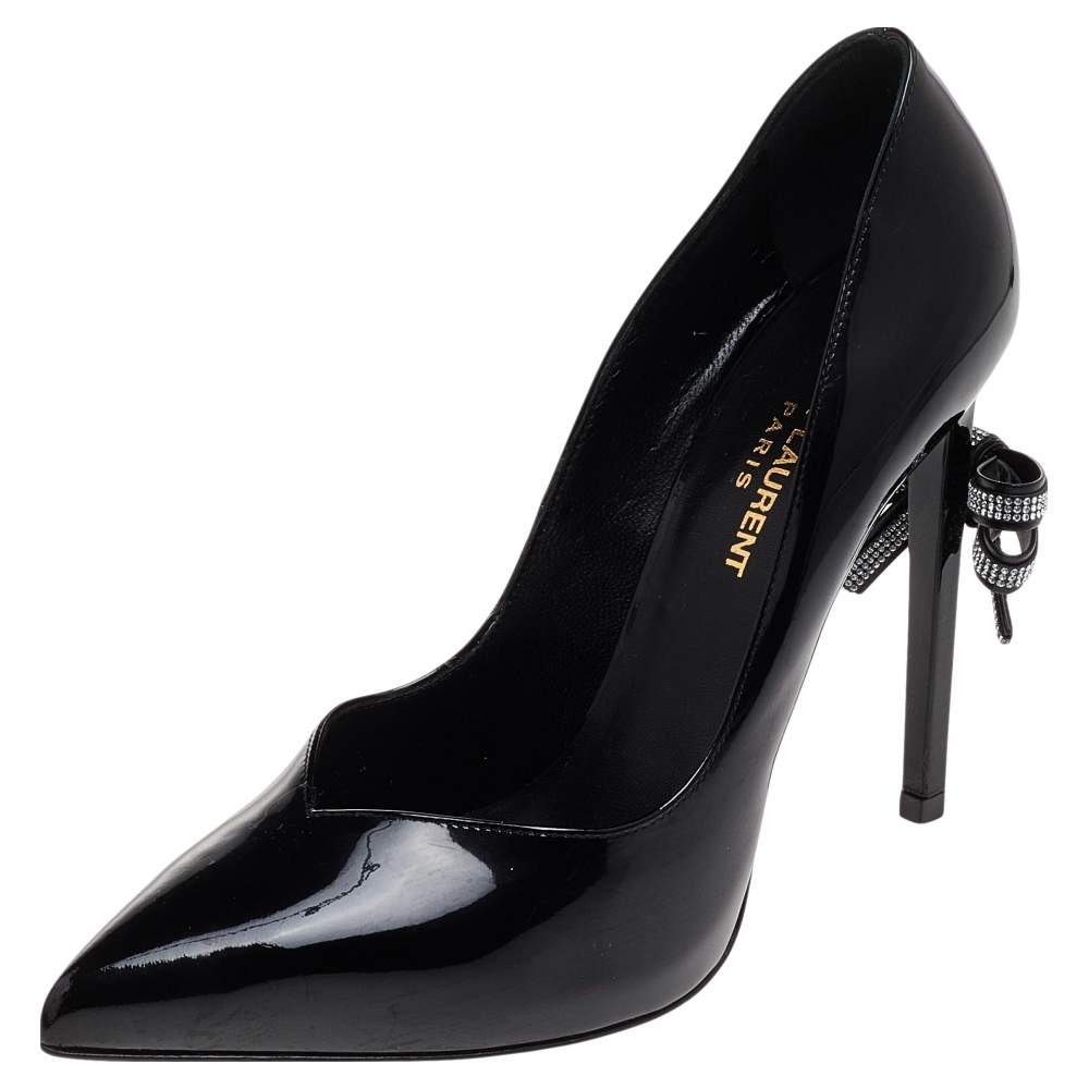 Pre Owned حذاء كعب عالي سان لوران مقدمة مدببة فيونكة مزخرف جلد لامع أسود مقاس 39