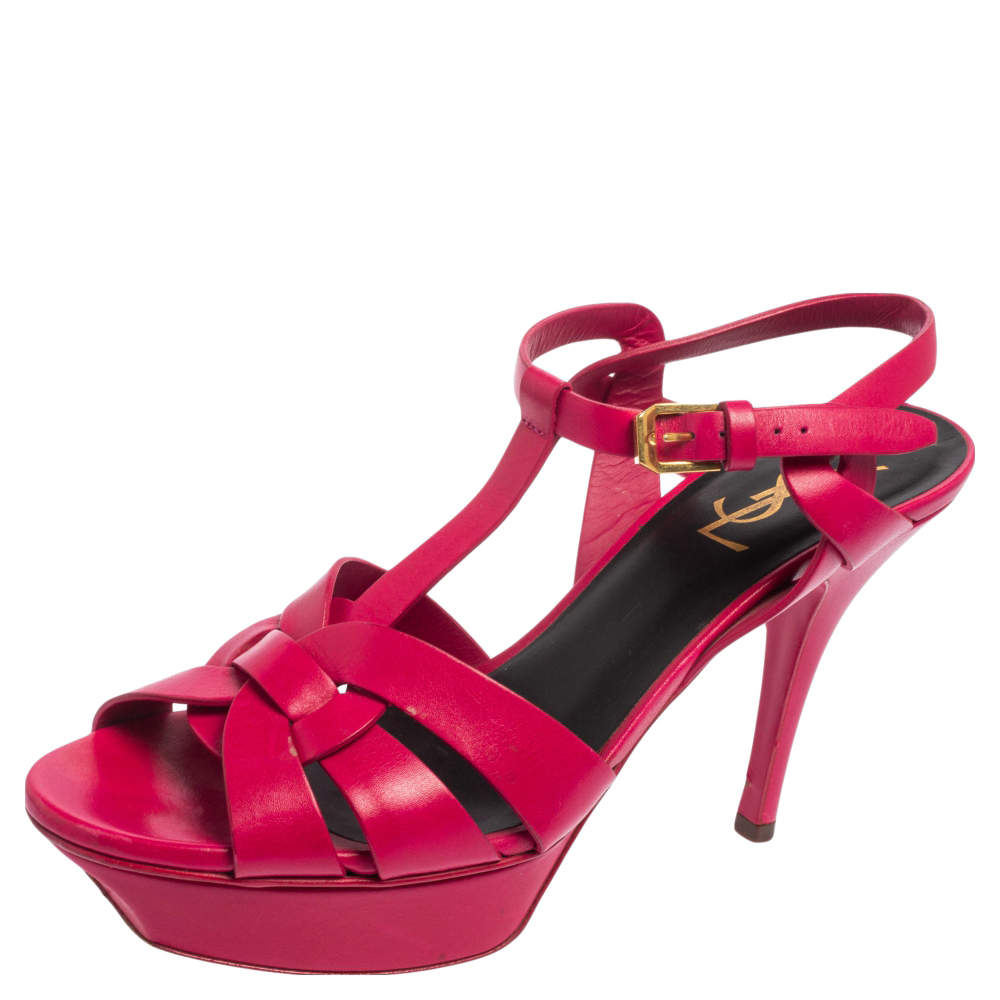 مملوكة مسبقًا Saint Laurent Fuchsia Leather Tribute Ankle Strap Sandals Size 38