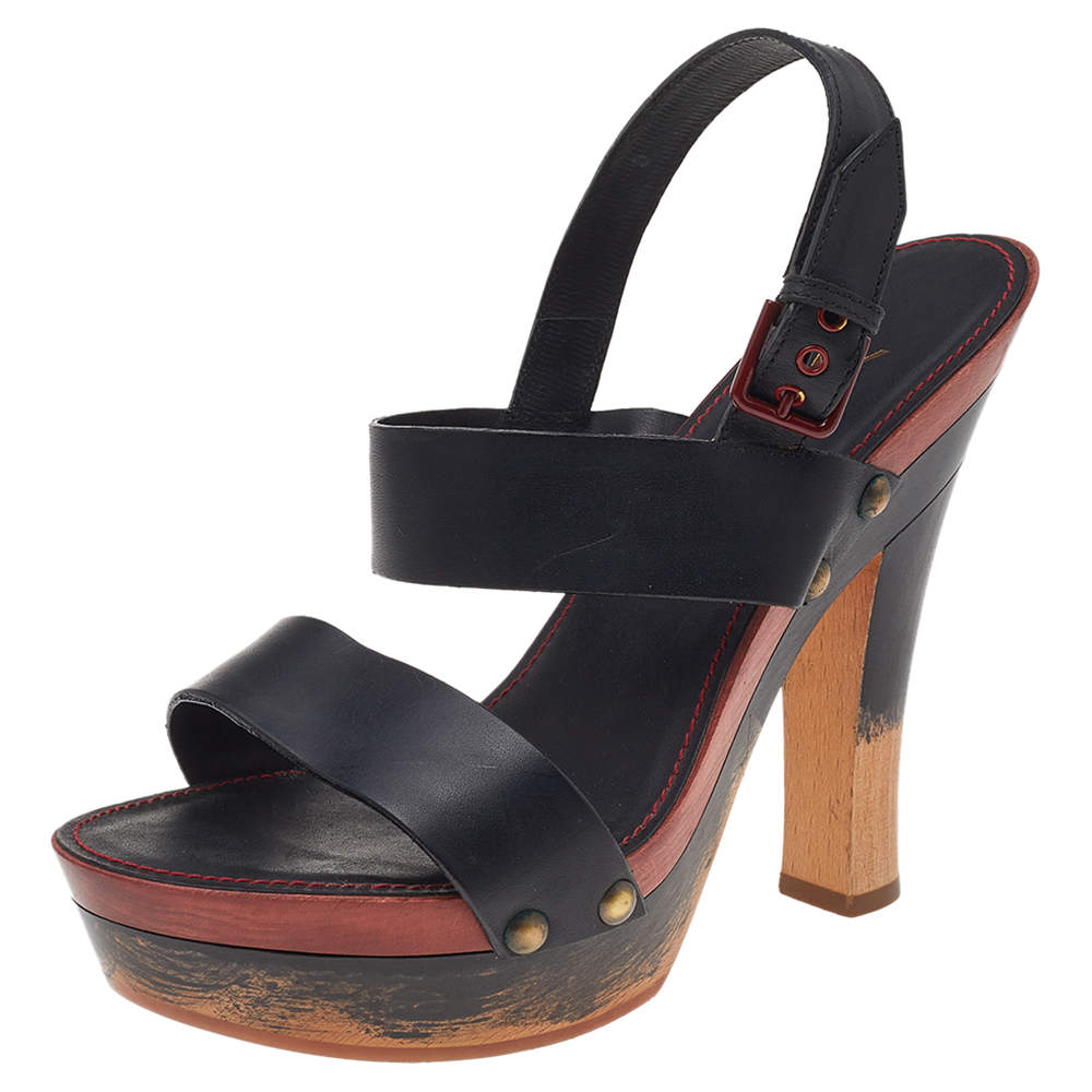 Pre Owned Saint Laurent Black Leather Platform Ankle Strap Sandals Size 39