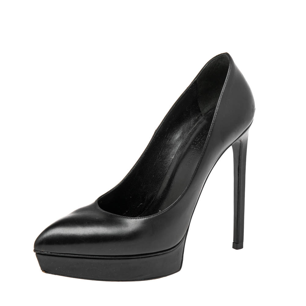 Pre Owned Saint Laurent Black Leather Janis Pointed Toe Platform Pumps Size 36.5