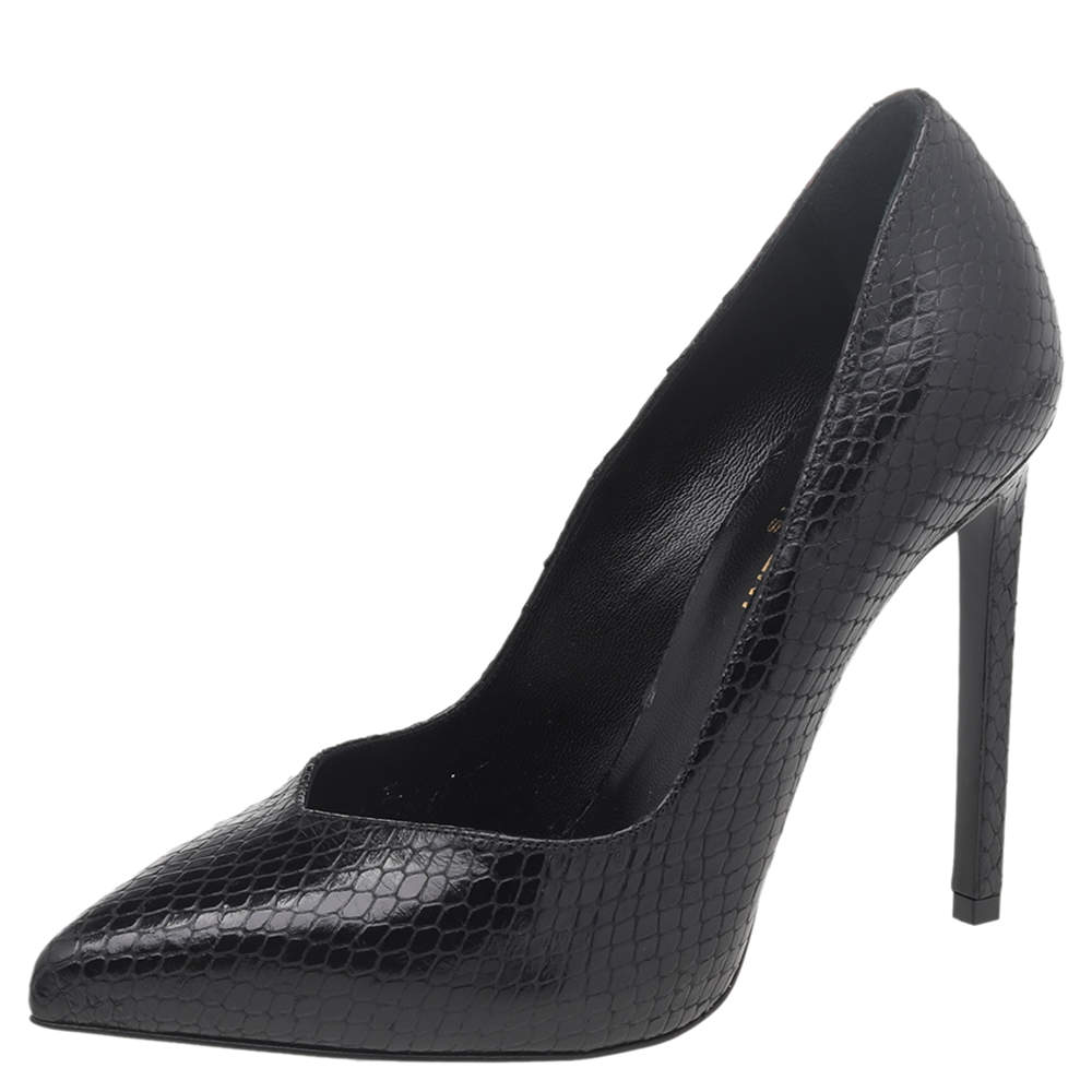 Pre Owned حذاء كعب عالي سان لوران جلد نقشة الثعبان أسود مقدمة مدببة مقاس 37