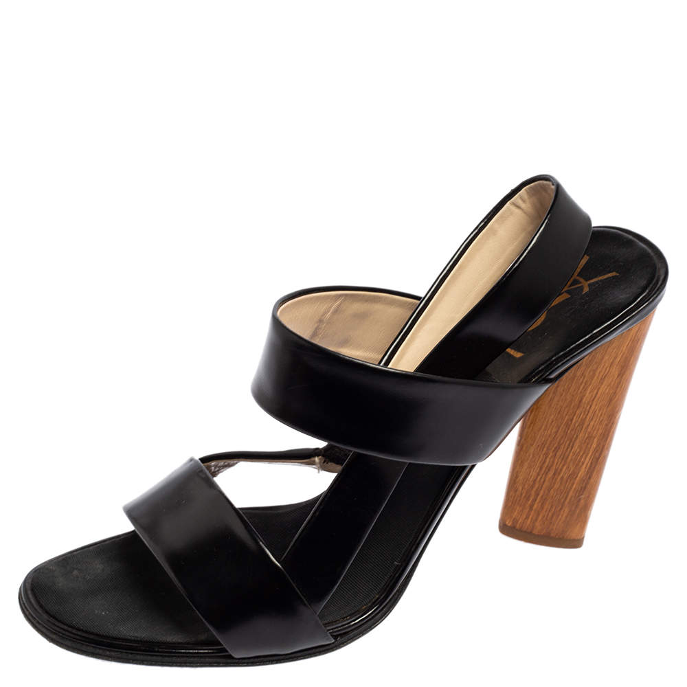 Pre Owned Saint Laurent Black Leather Open Toe Slingback Sandals Size 39.5