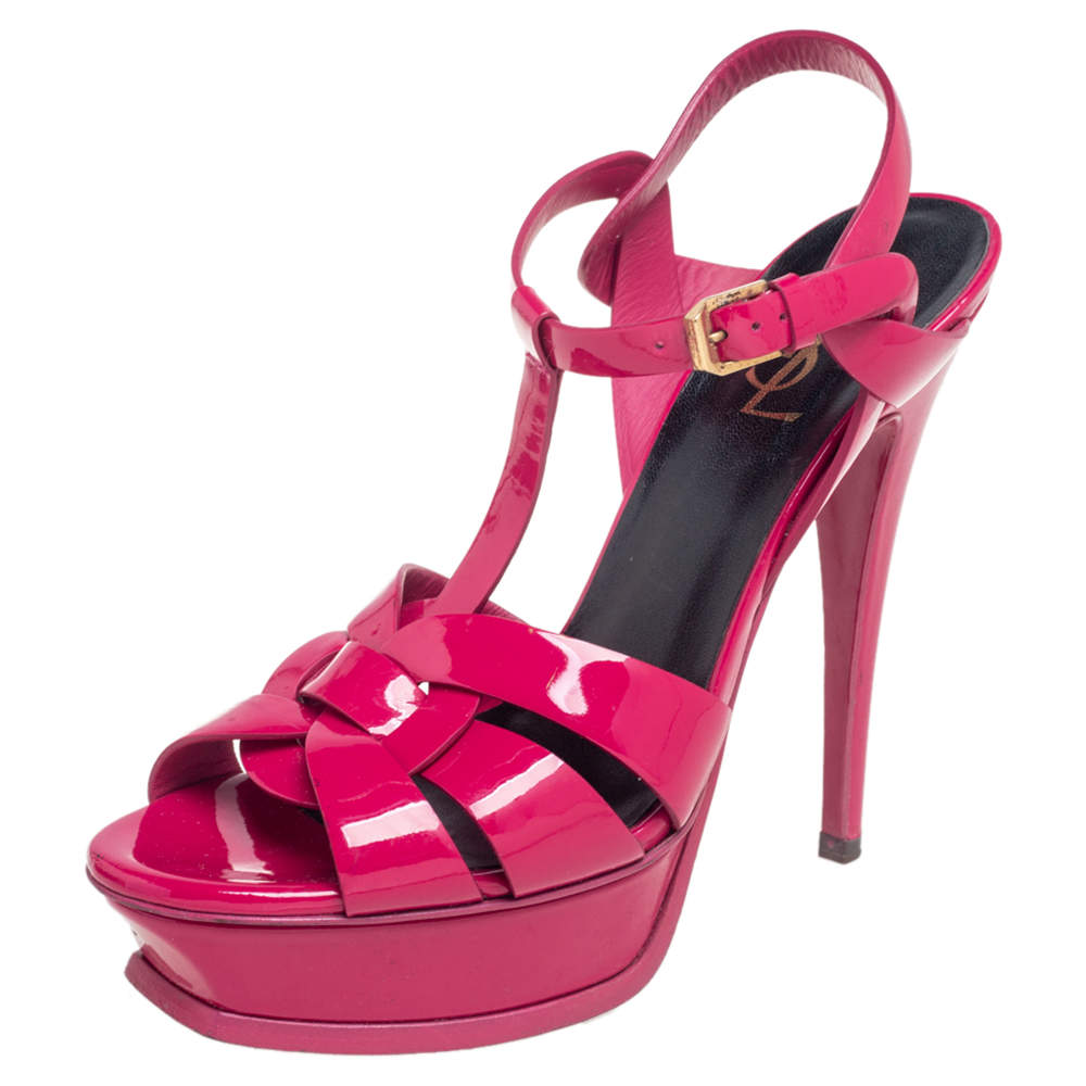 Pre Owned Saint Laurent Fuchsia Patent Leather Tribute Platform Sandals Size 39