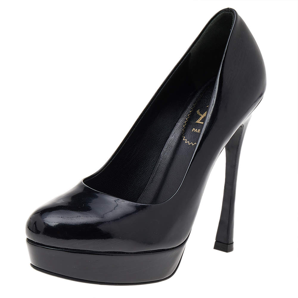 Pre Owned Saint Laurent Black Leather Round Toe Platform Pumps Size 36.5
