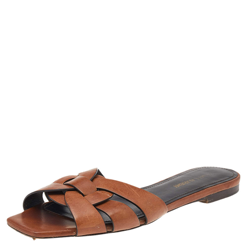 Pre Owned Saint Laurent Brown Leather Tribute Flat Slides Size 37