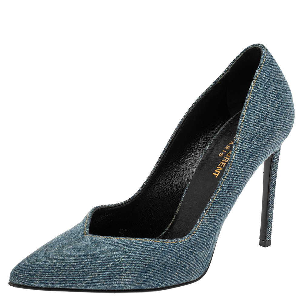 مملوكة مسبقًا Saint Laurent Blue Denim Pointed Toe Pumps Size 38.5