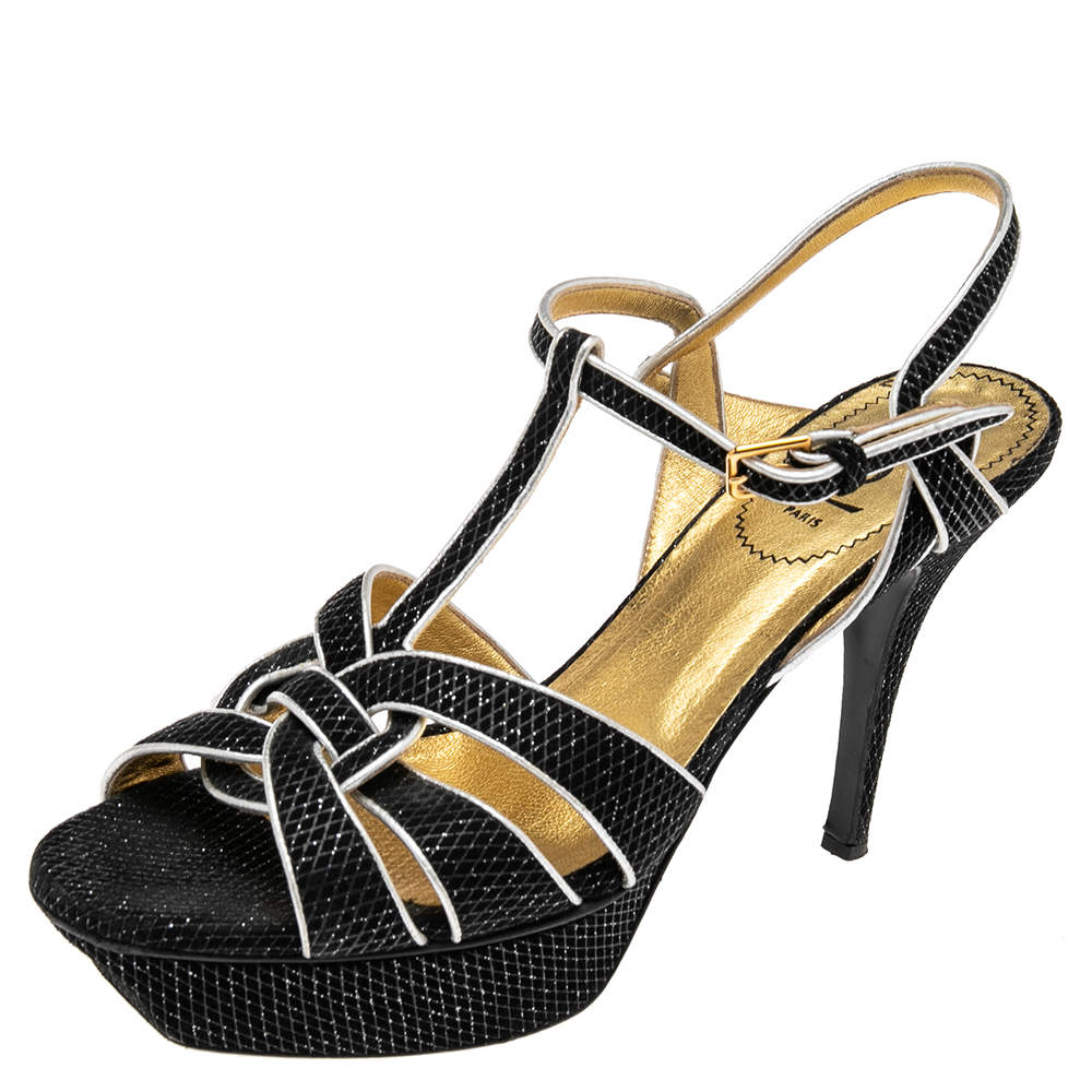 مملوكة مسبقًا Saint Laurent Black/Silver Textured Suede and Leather Tribute Platform Ankle-Strap Sandals Size 39