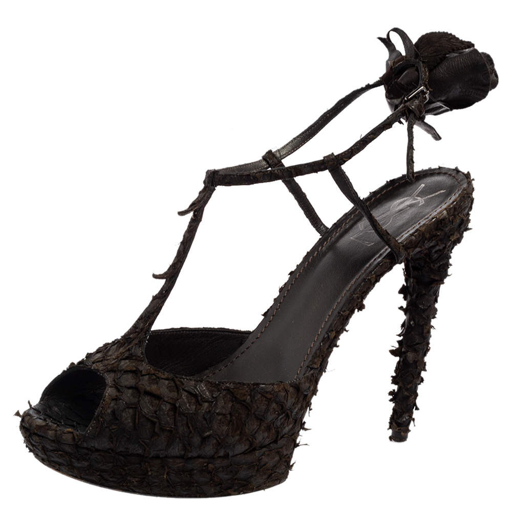 Pre Owned Saint Laurent Dark Brown Python Platform Sandals Size 41