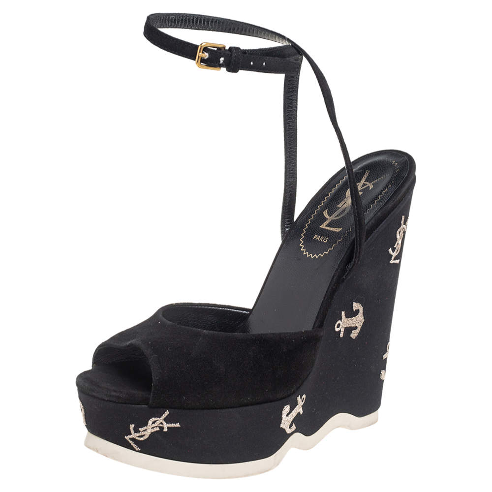 Pre Owned صندل سان لوران سويدي أسود نعل سميك بحزام للكاحل مقاس 36.5