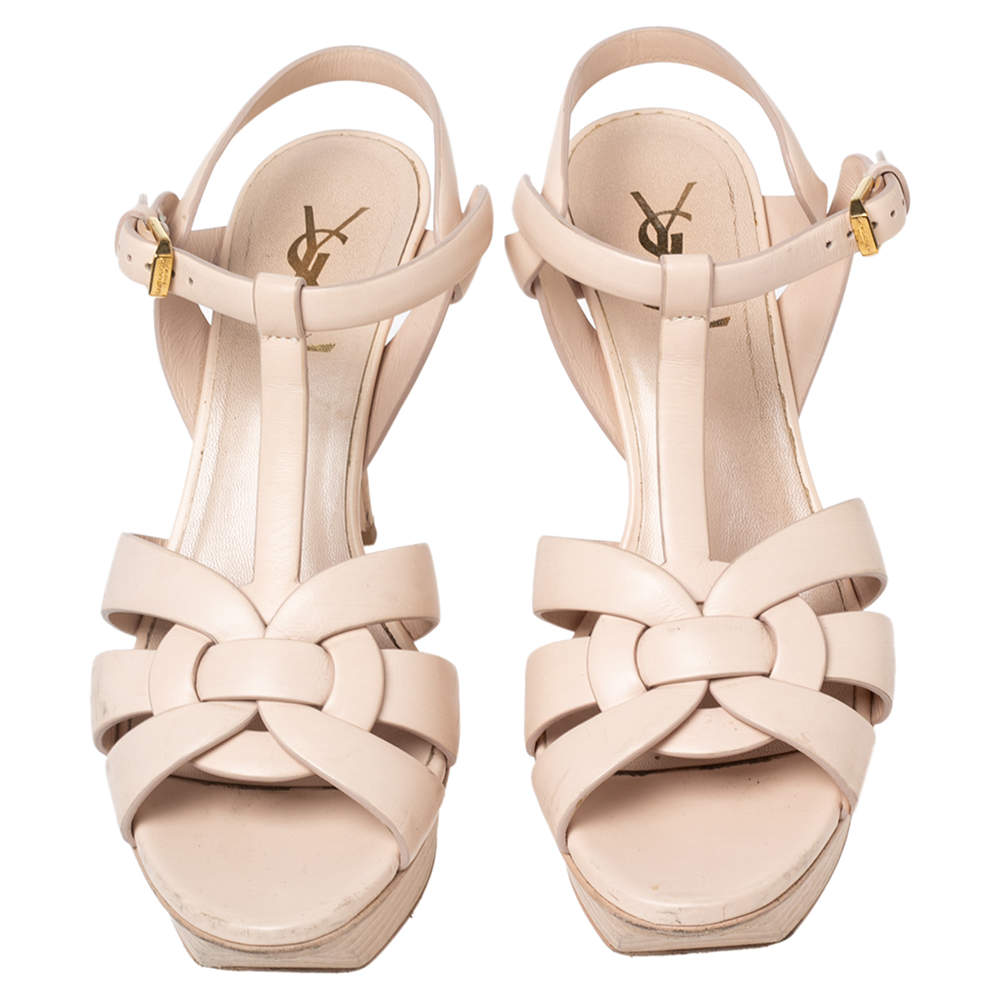 Pre Owned Saint Laurent Pink Leather Tribute Platform Sandals Size 37