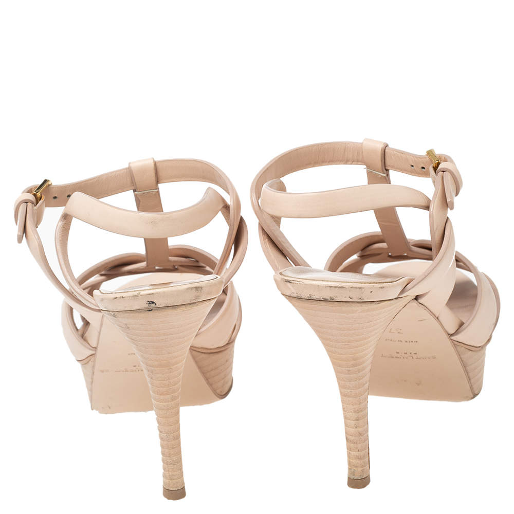 Pre Owned Saint Laurent Pink Leather Tribute Platform Sandals Size 37