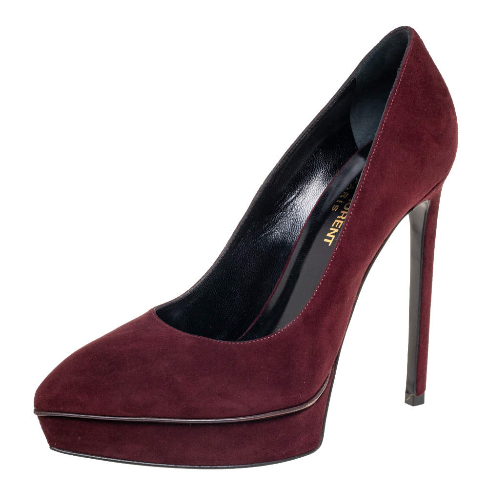 مملوكة مسبقًا Saint Laurent Burgundy Suede Janis Pointed-Toe Platform Pumps Size 37