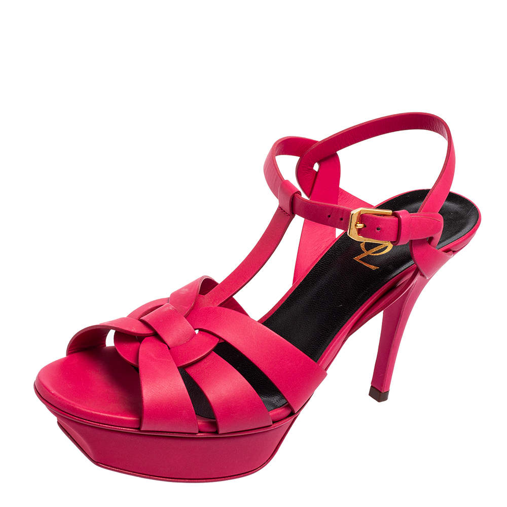Pre Owned Saint Laurent Pink Leather Tribute Platform Sandals Size 38.5