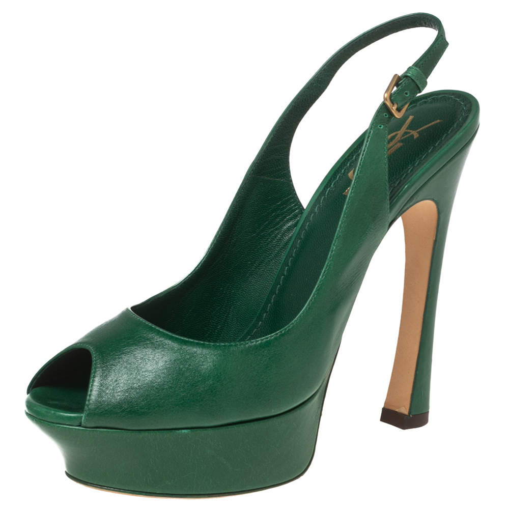 Saint Laurent Green Leather Peep Toe Platform Slingback Sandals Size 38.5