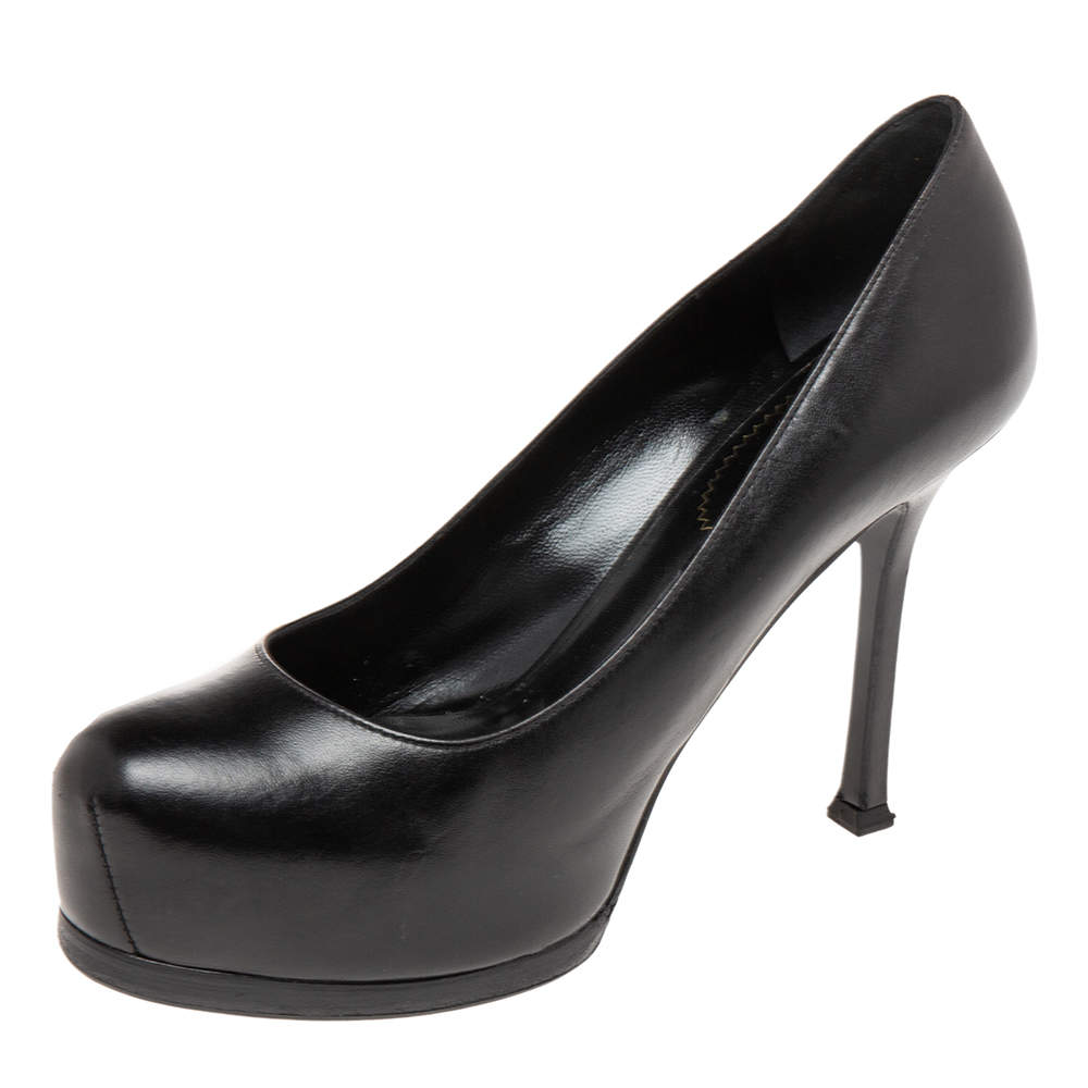 Pre Owned حذاء كعب عالي سان لوران تريبتو جلد أسود لامع نعل سميك مقاس 36