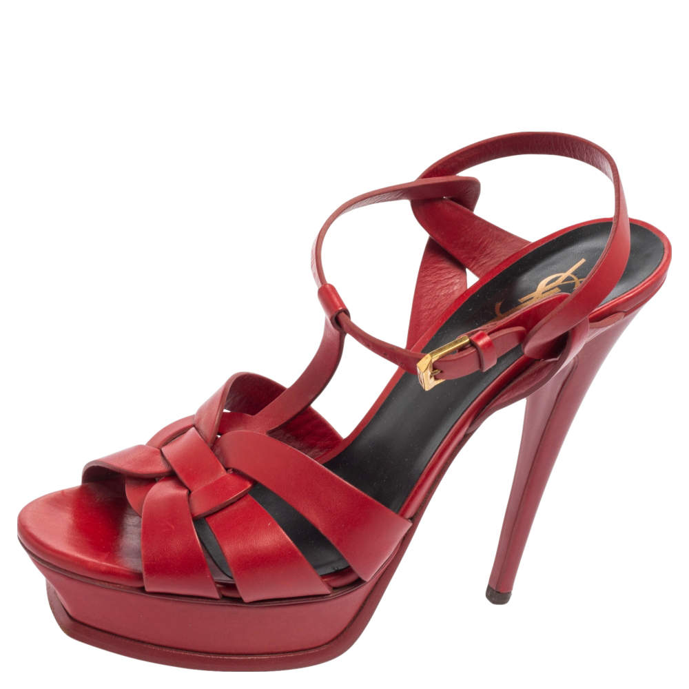 Pre Owned صندل سان لوران تريبوت جلد أحمر نعل سميك مقاس 41