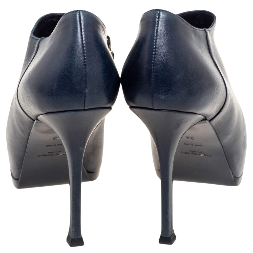 Pre Owned Saint Laurent Navy Blue/Black Leather and Patent Cap-Toe Tribtoo Ankle Boots Size 39