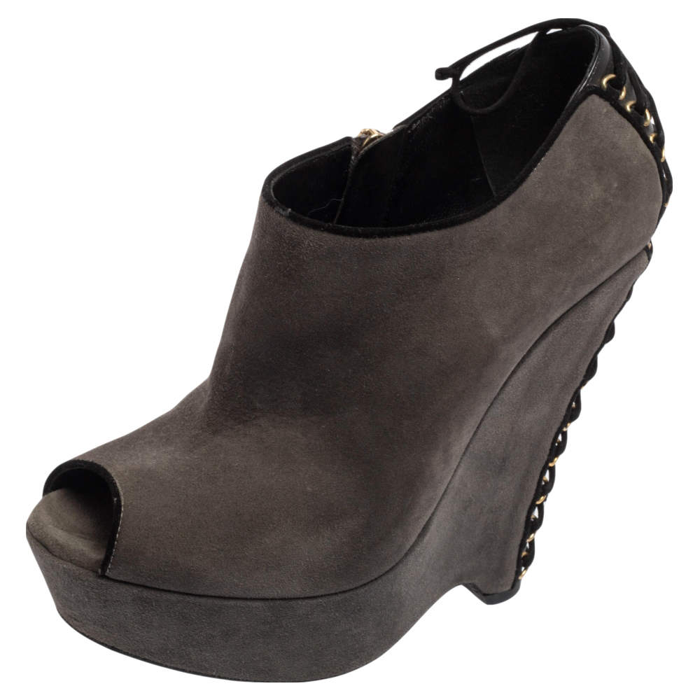 Saint Laurent Grey Suede  Wedge Peep Toe Booties Size 38